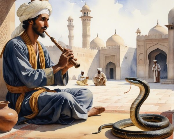 Sunlit Courtyard with Flute Player and Snake