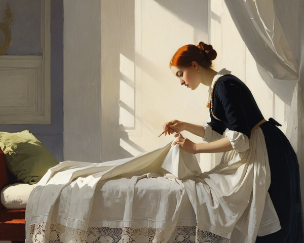 Young Woman Sewing by a Sunlit Window in Classic Room