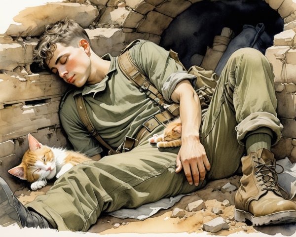 Soldier and Cats in a Dimly Lit Setting
