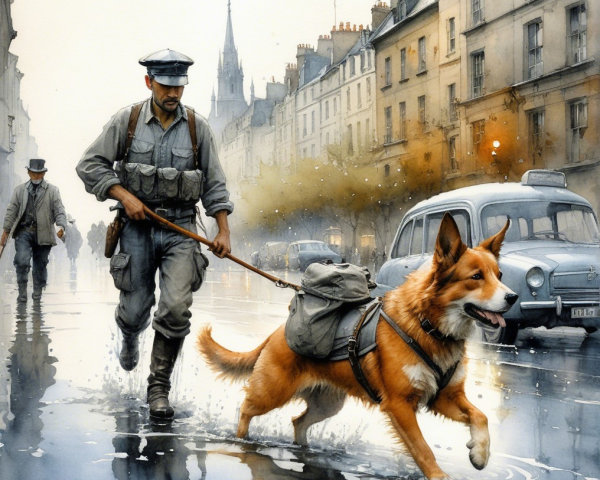 Soldier and Dog on Rainy Vintage City Street