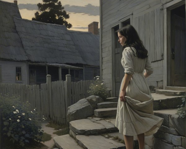 Young Woman in Flowing Dress on Stone Steps at Twilight