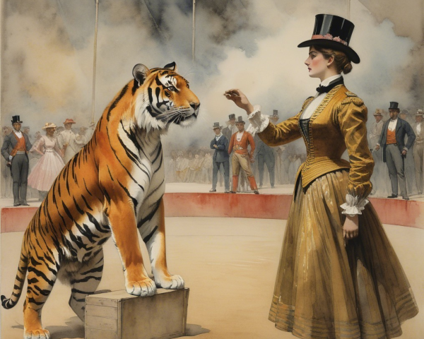 Vintage circus scene with tiger and elegant spectators