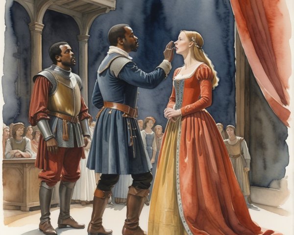 Renaissance Theater Scene with Armor and Red Gown