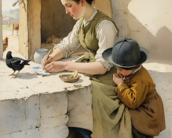 Young Woman Writing at Rustic Stone Table with Child