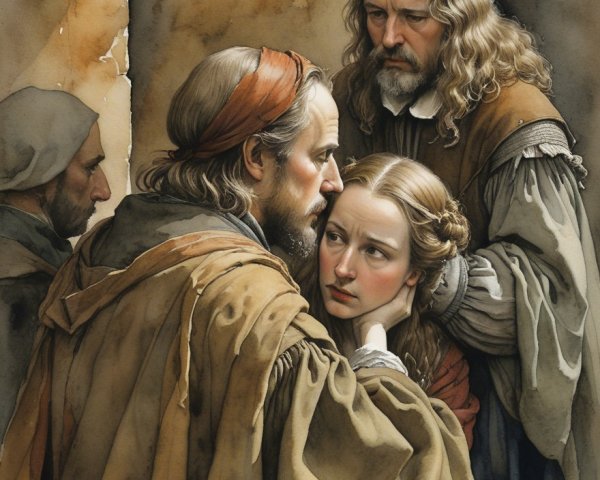 Emotional Scene in Dimly Lit Interior Artwork