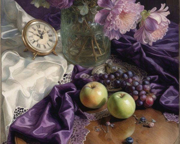 Still Life with Flowers, Clock, and Fruits on Table