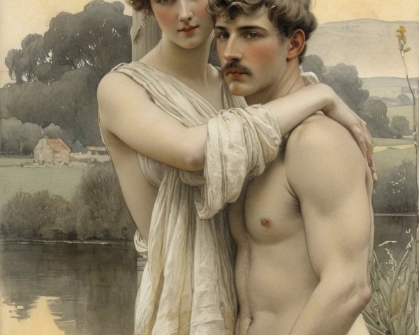 Romantic Scene of a Couple by Serene Water