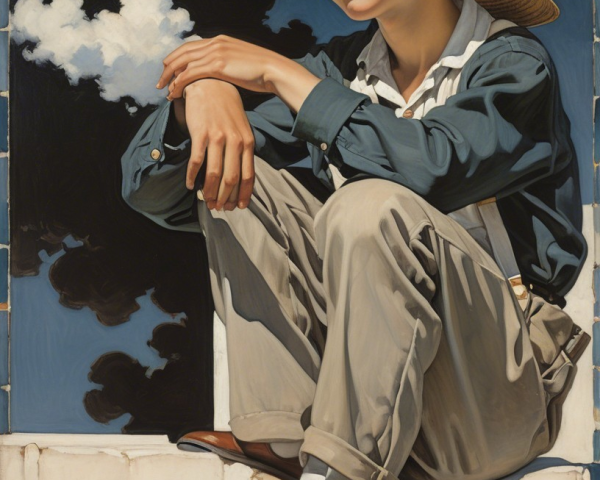 Young Boy in Straw Hat Contemplating Under Blue Sky