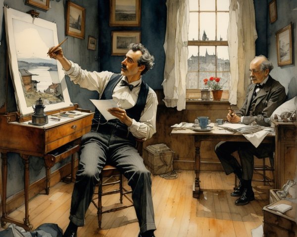 Cozy Room Featuring a Man Painting a Landscape