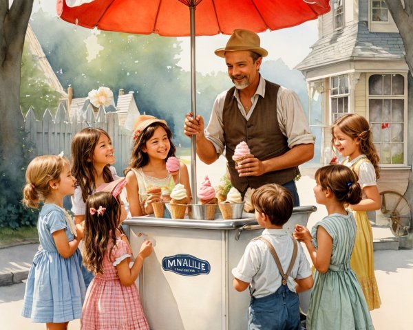 Cheerful Ice Cream Vendor Serves Children on Summer Day