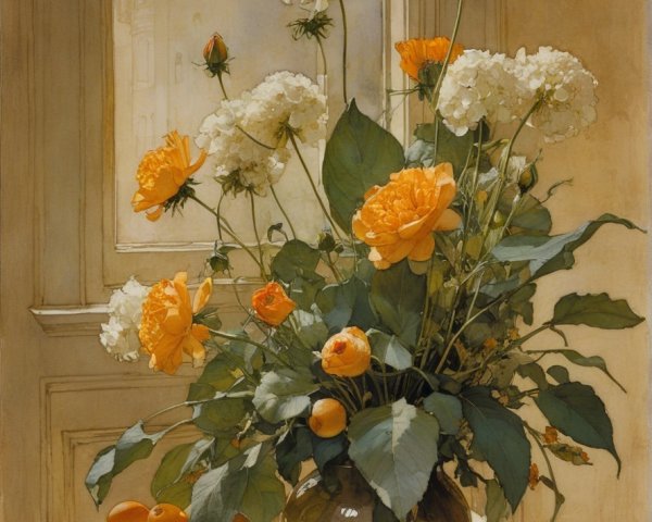 Vibrant Still Life with Flowers and Fresh Oranges