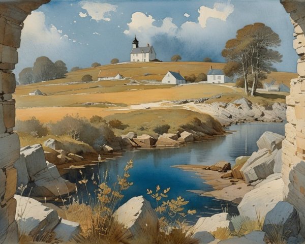 Tranquil Landscape Through Stone Archway Viewpoint