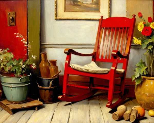 Cozy interior with red rocking chair and plants