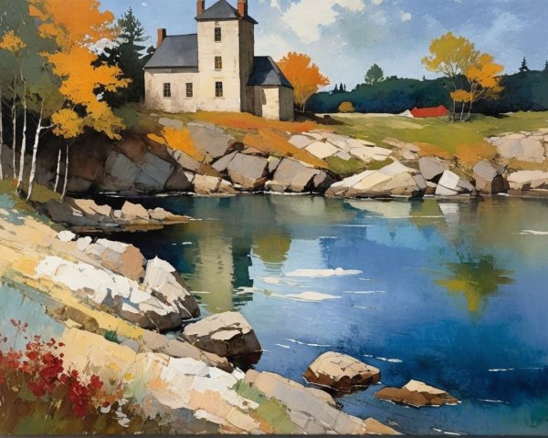 Tranquil Lake Landscape with Autumn Trees and House