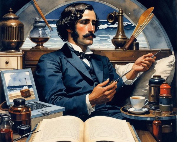 Gentleman at Desk with Vintage Gadgets and Landscape View