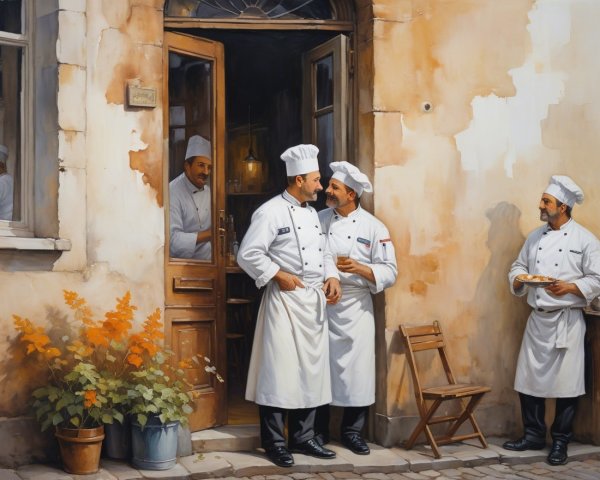 Chefs Conversing Outside Rustic Restaurant with Flowers