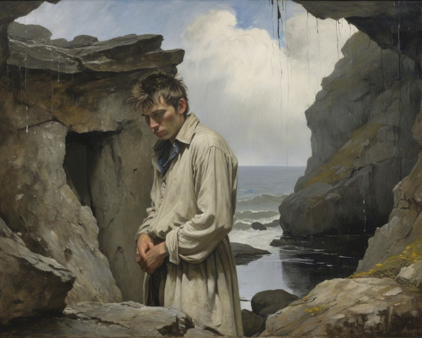 Moody Oil Painting of a Young Man in a Cave