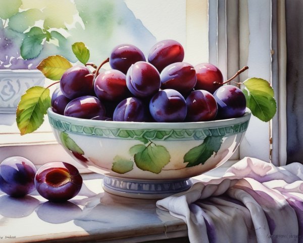 Watercolor Painting of Plums in a Decorative Bowl
