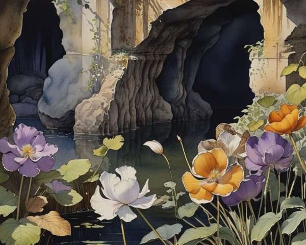 Underwater Grotto with Rock Formations and Flowers