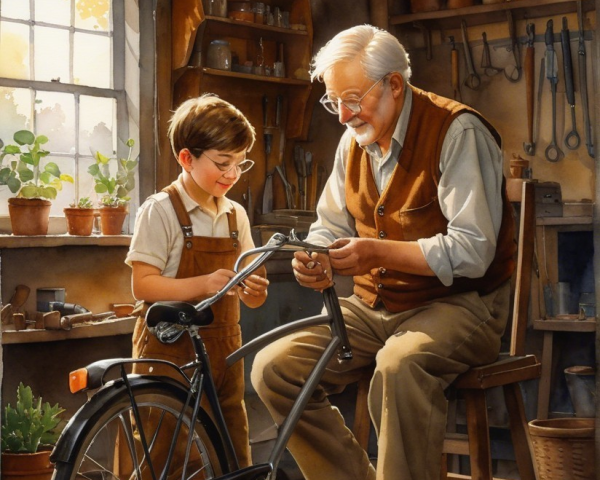 Elderly Man and Boy Repair Bicycle in Cozy Workshop