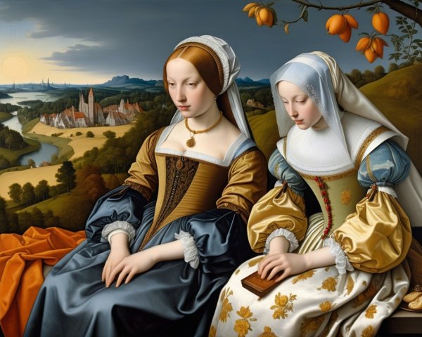 Elegant Women in Serene Landscape with Sunset