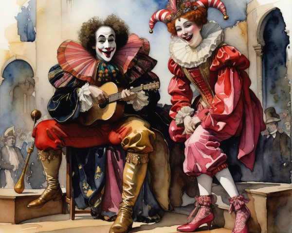 Clown and Jester Perform in Colorful Festive Scene