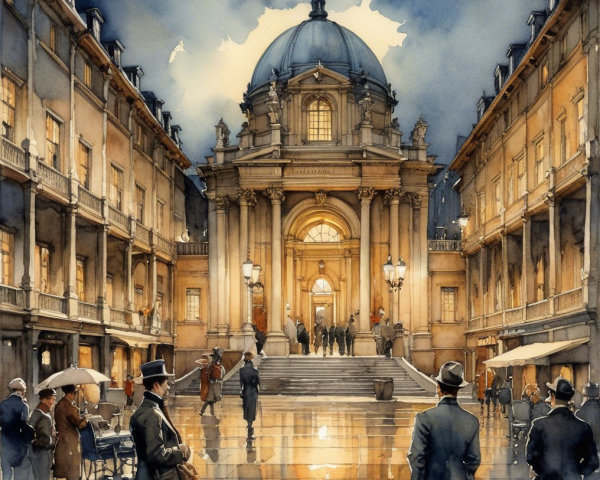 Elegant architectural scene with dome and cobblestone streets