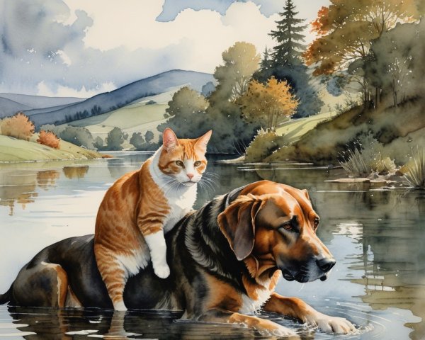 Watercolor of Dog and Cat in Tranquil Waters