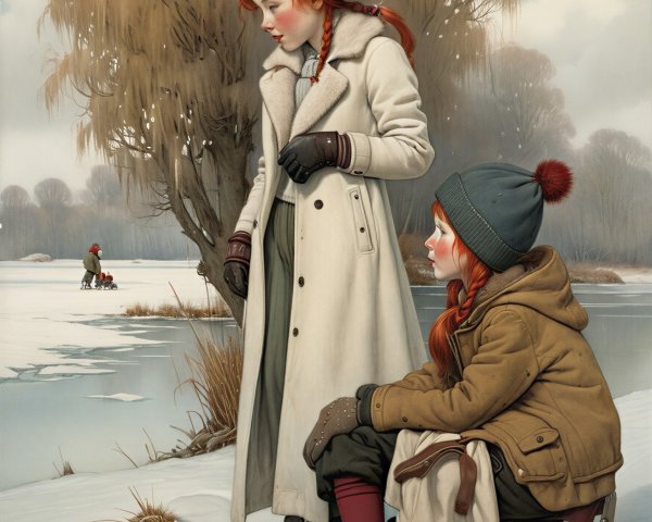 Two Girls in Winter Attire by Icy Landscape