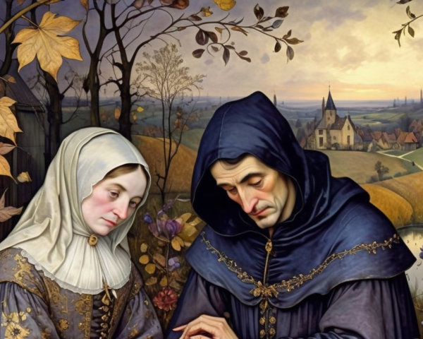 Somber Couple in Traditional Attire Amidst Autumn Landscape