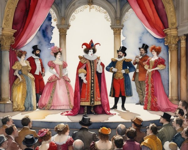 Vibrant Theater Scene with Historical Costumes and Audience