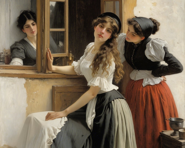 Painting of Three Women in Traditional Attire by Window