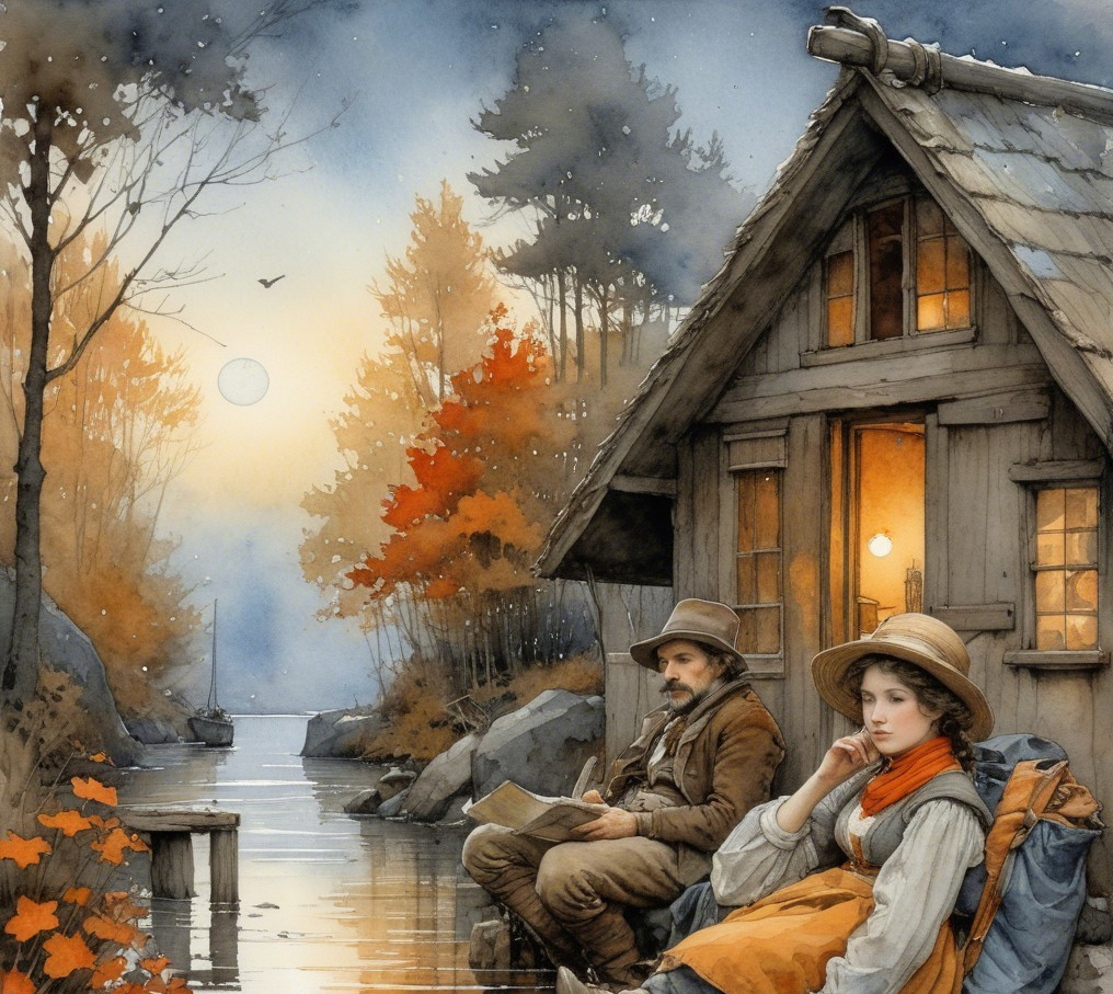 Tranquil Lake Scene with Autumn Foliage and Cabin