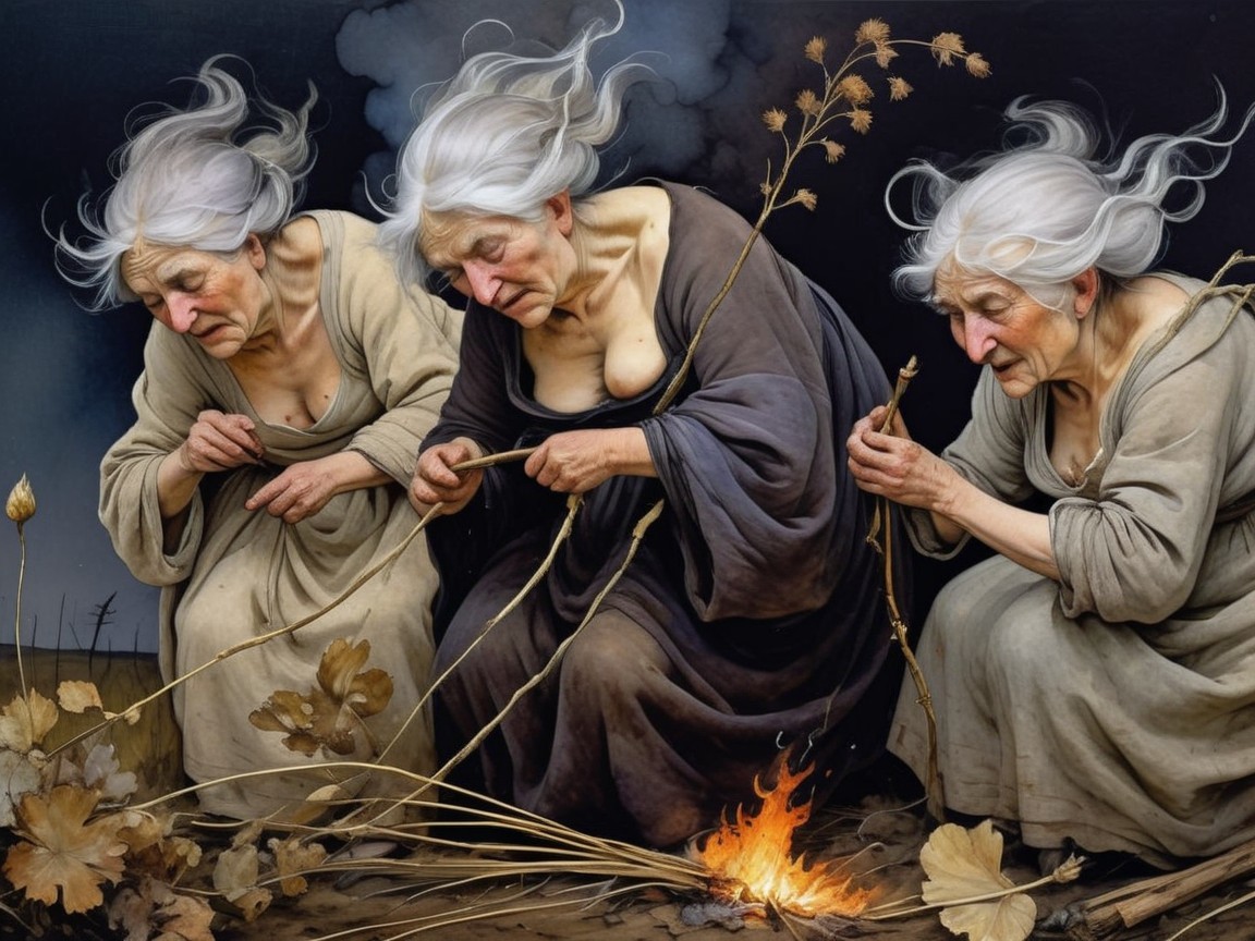 Elderly women crafting by a fire with plants