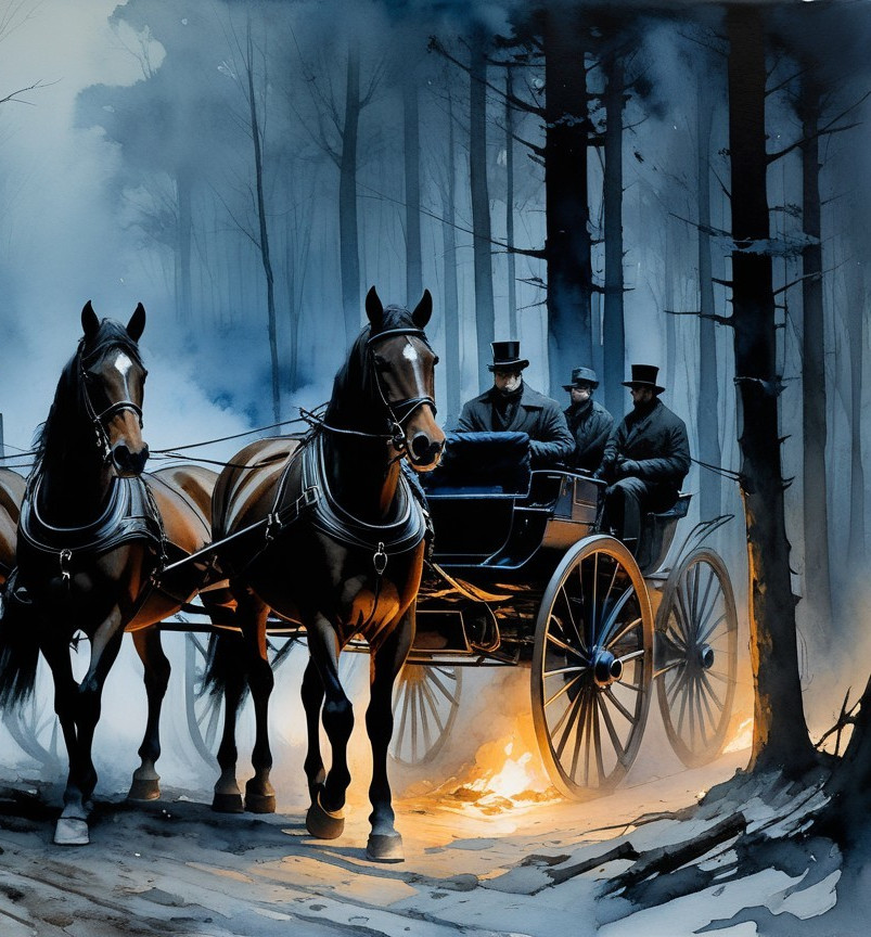 Vintage carriage journey through a misty dark forest