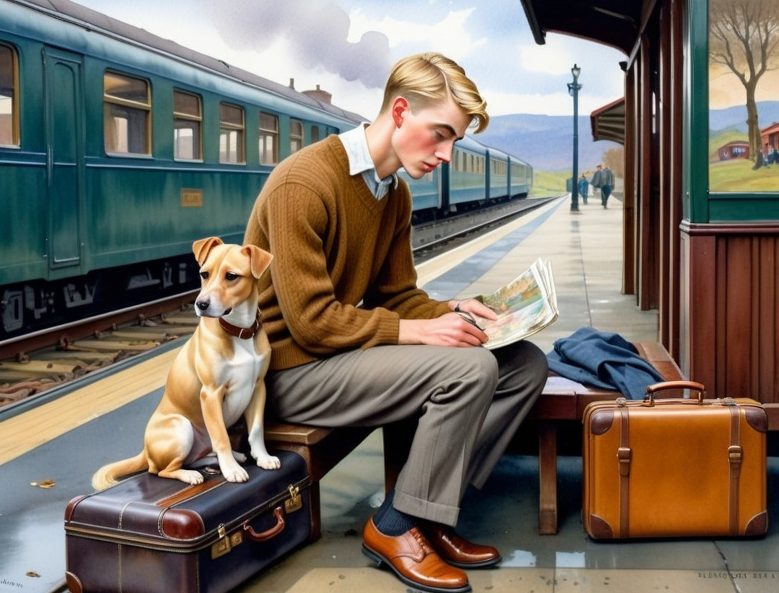 Young man reading at train station with dog and suitcases