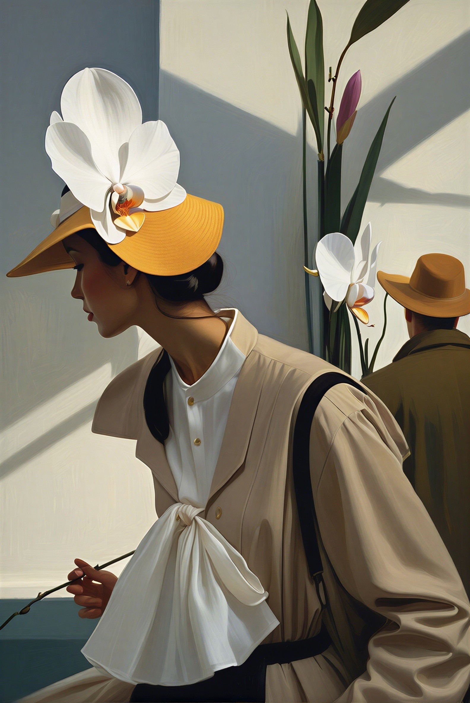 Stylish Woman in Yellow Hat with Orchid in Soft Setting