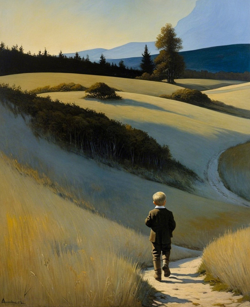 A young boy on a winding path in serene hills