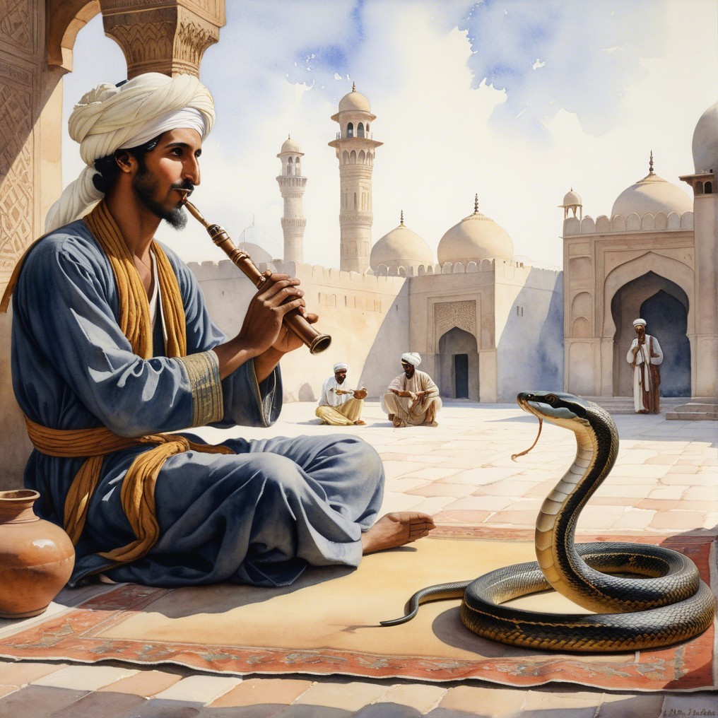 Sunlit Courtyard with Flute Player and Snake