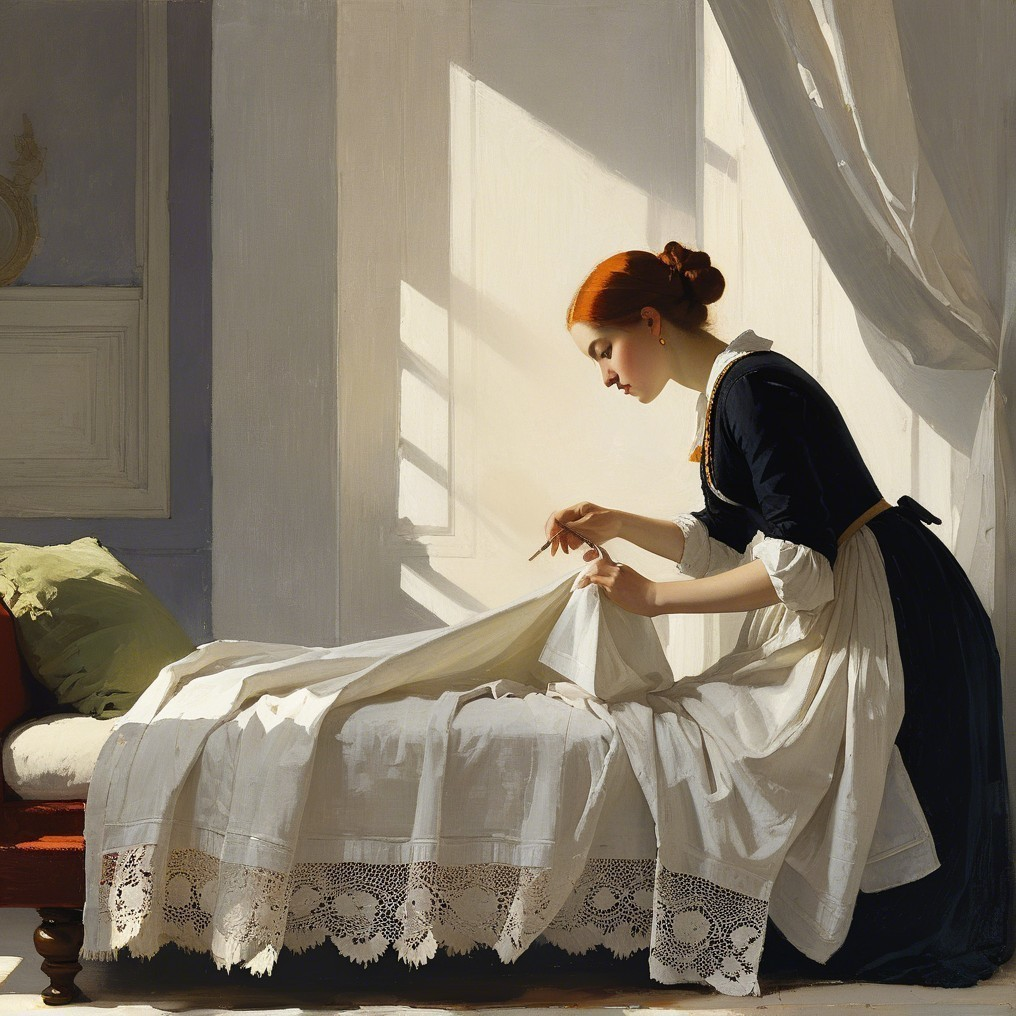 Young Woman Sewing by a Sunlit Window in Classic Room