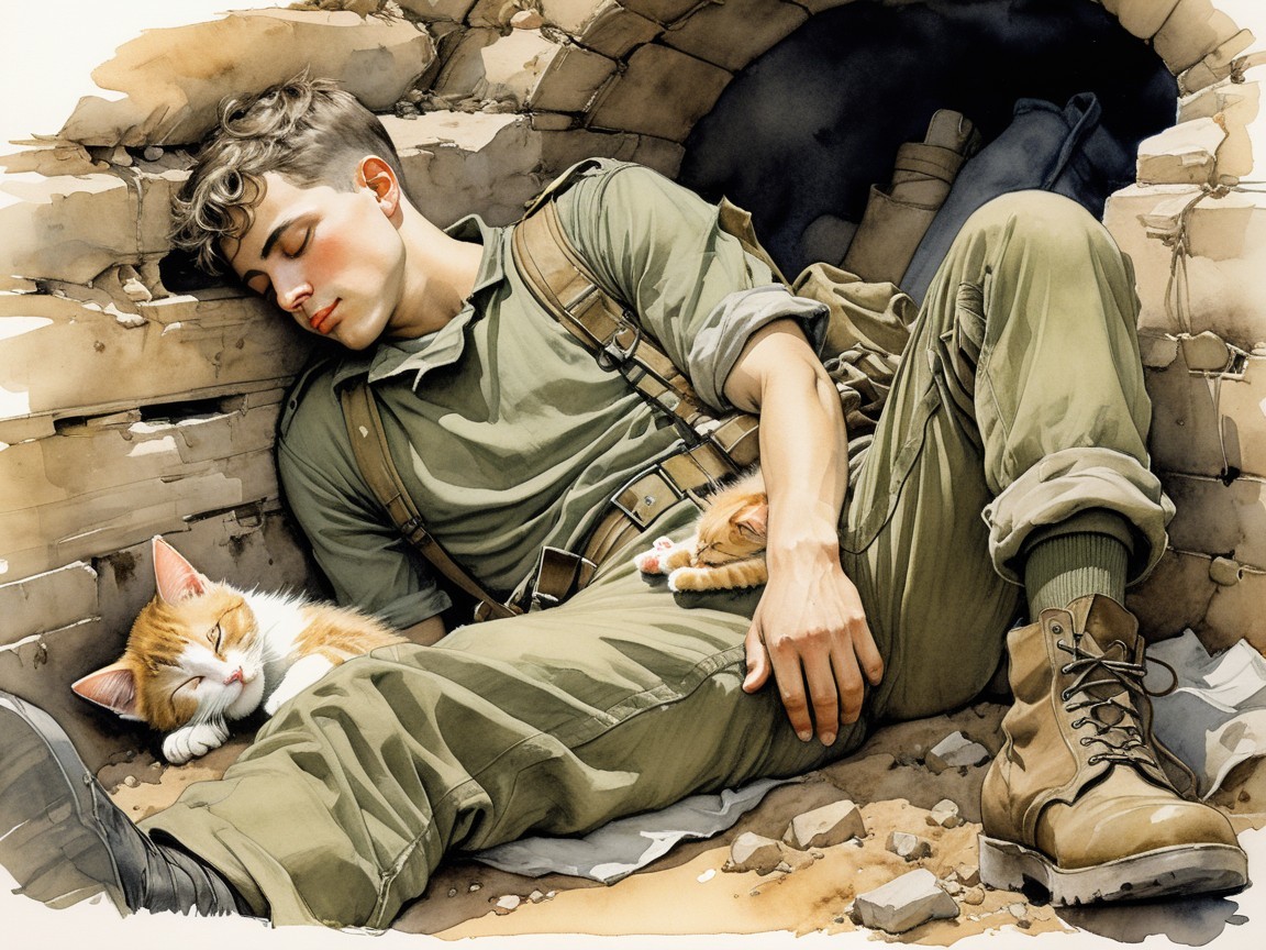 Soldier and Cats in a Dimly Lit Setting