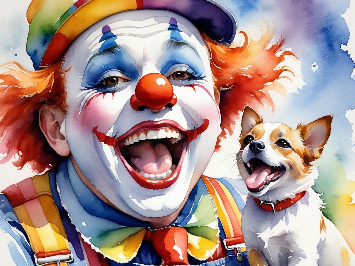 Cheerful clown and Chihuahua in vibrant watercolor scene