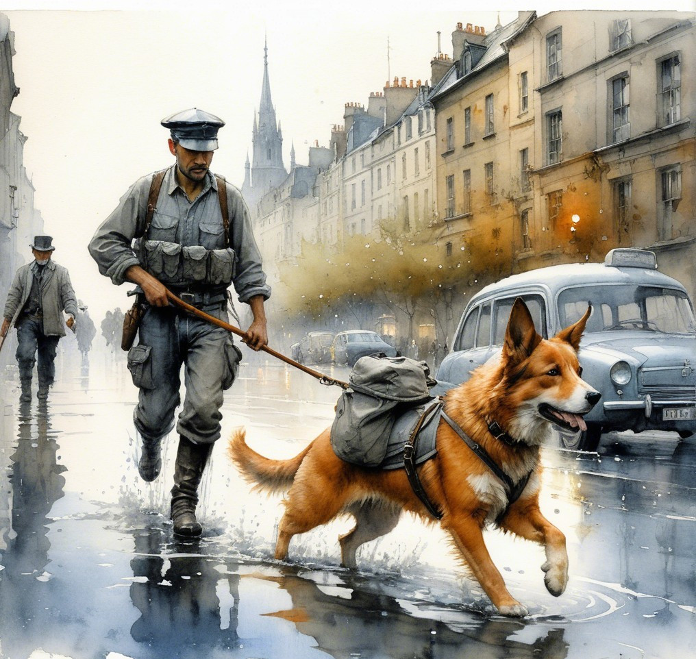Soldier and Dog on Rainy Vintage City Street