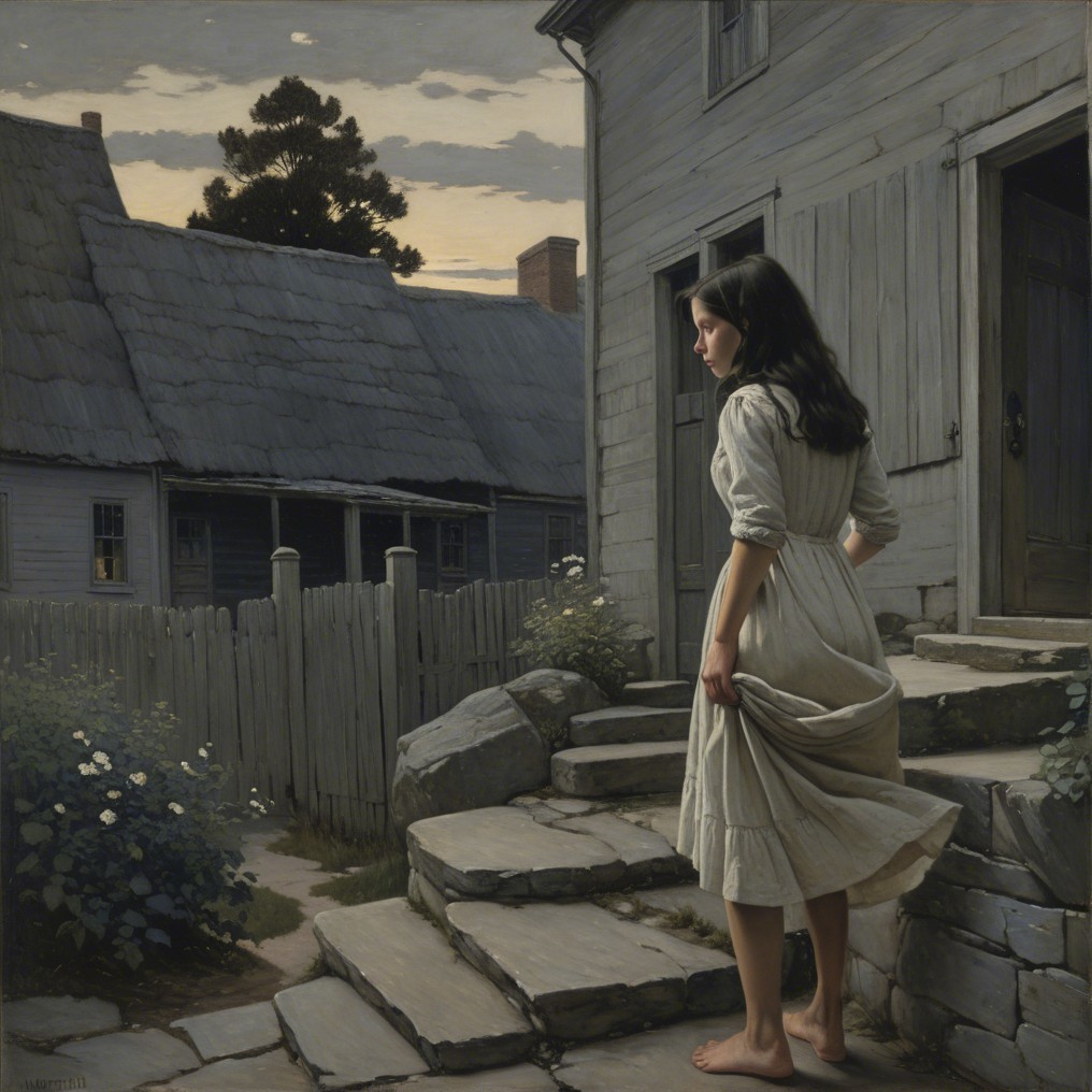 Young Woman in Flowing Dress on Stone Steps at Twilight