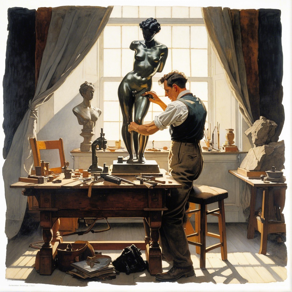 Sculptor Carving Glossy Black Female Figure in Workshop