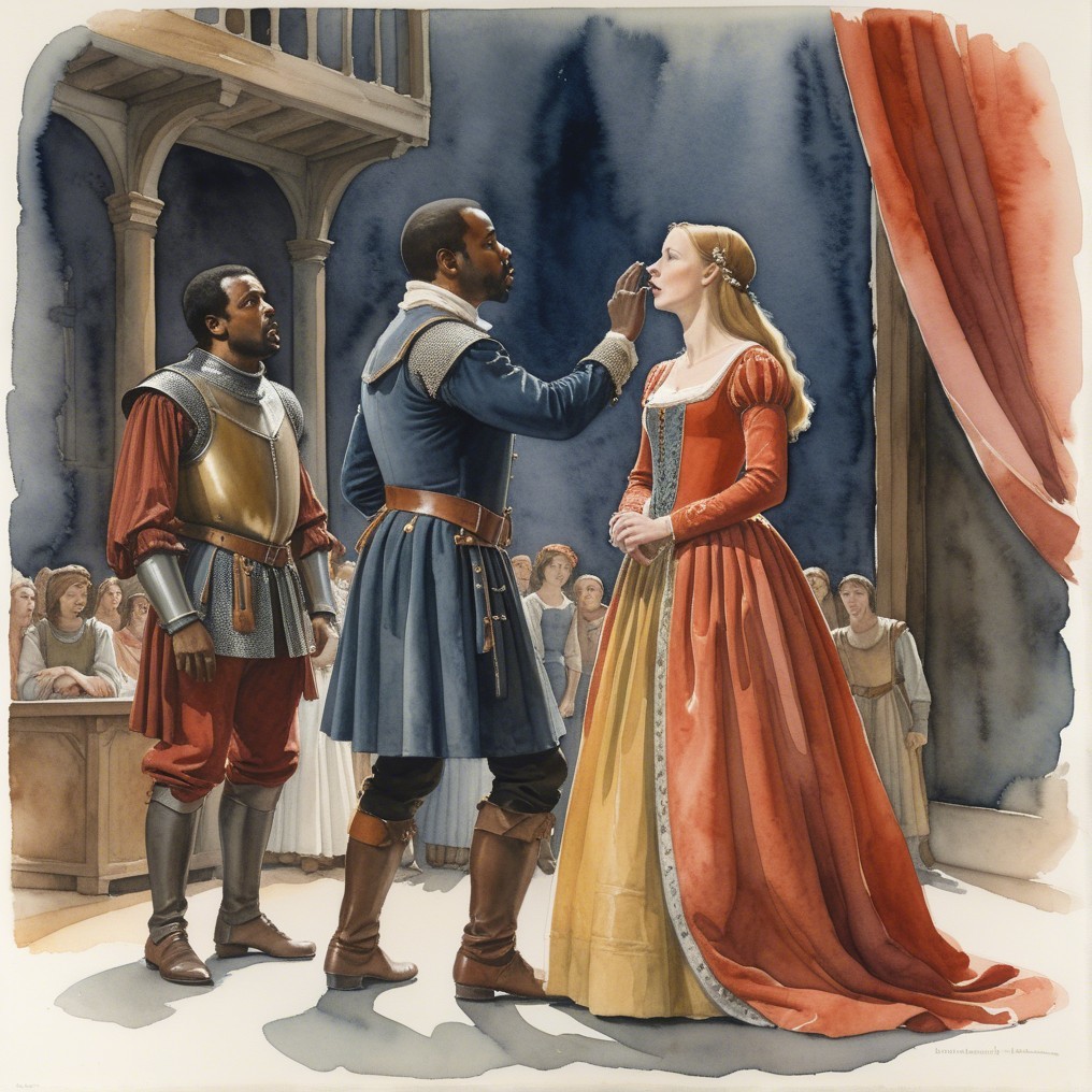 Renaissance Theater Scene with Armor and Red Gown