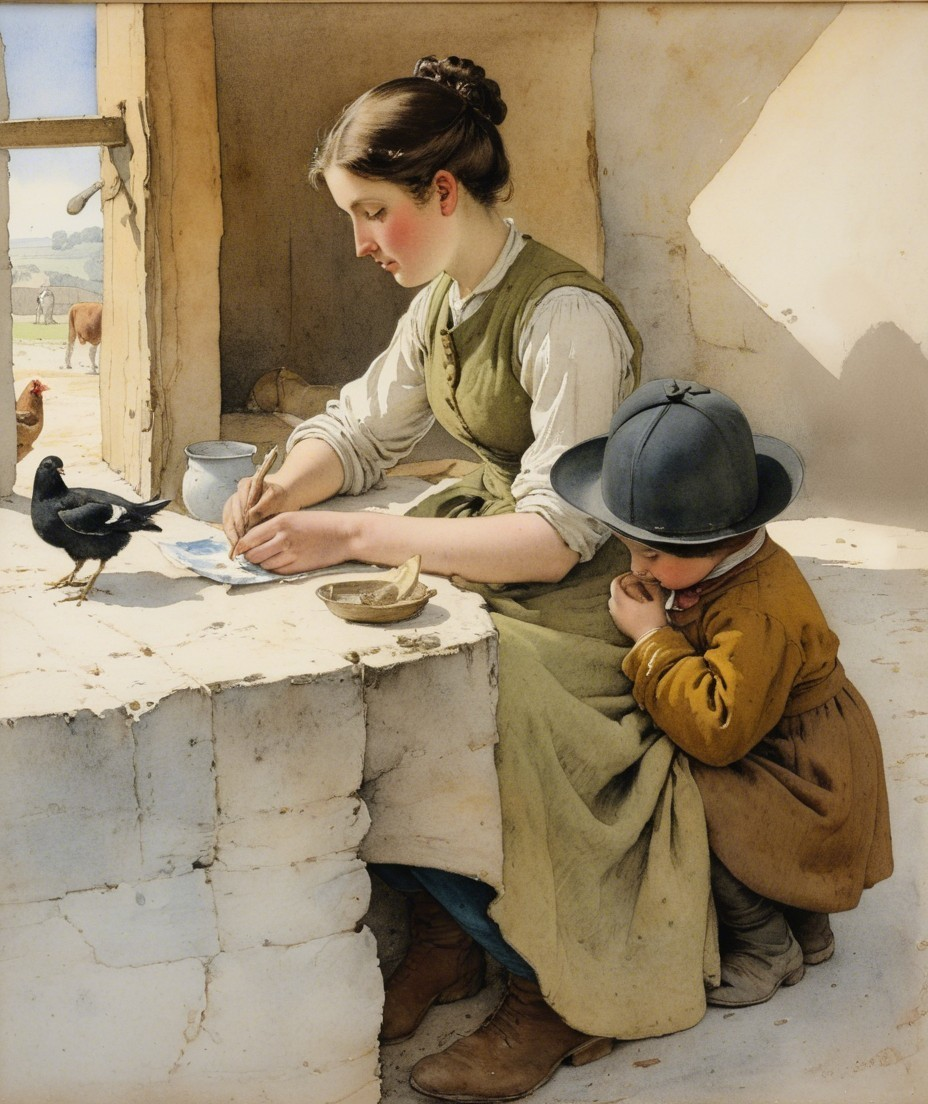 Young Woman Writing at Rustic Stone Table with Child