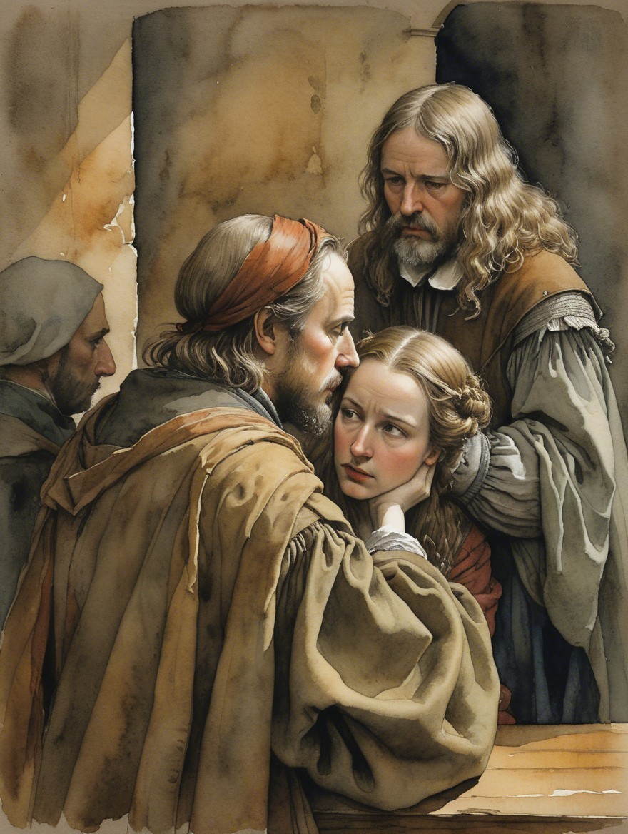 Emotional Scene in Dimly Lit Interior Artwork