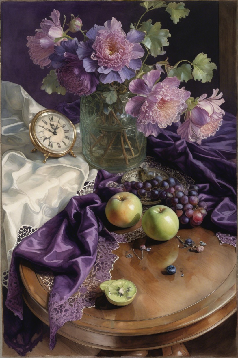 Still Life with Flowers, Clock, and Fruits on Table