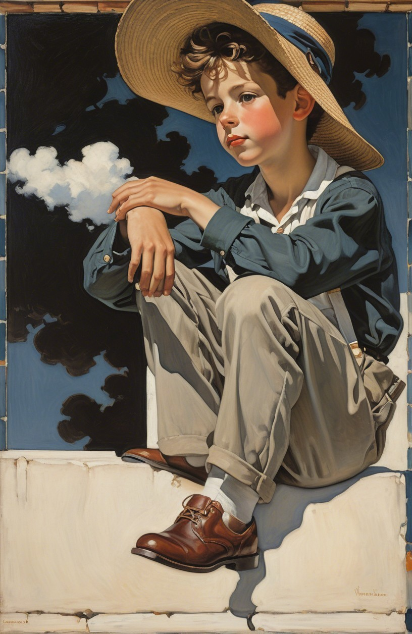 Young Boy in Straw Hat Contemplating Under Blue Sky